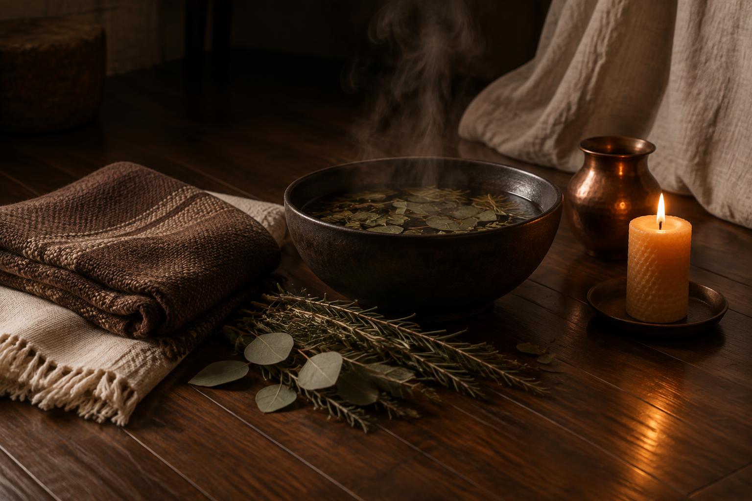 Woven wrapping cloth, steaming herbs, beeswax candle and copper vessel prepared for postpartum care